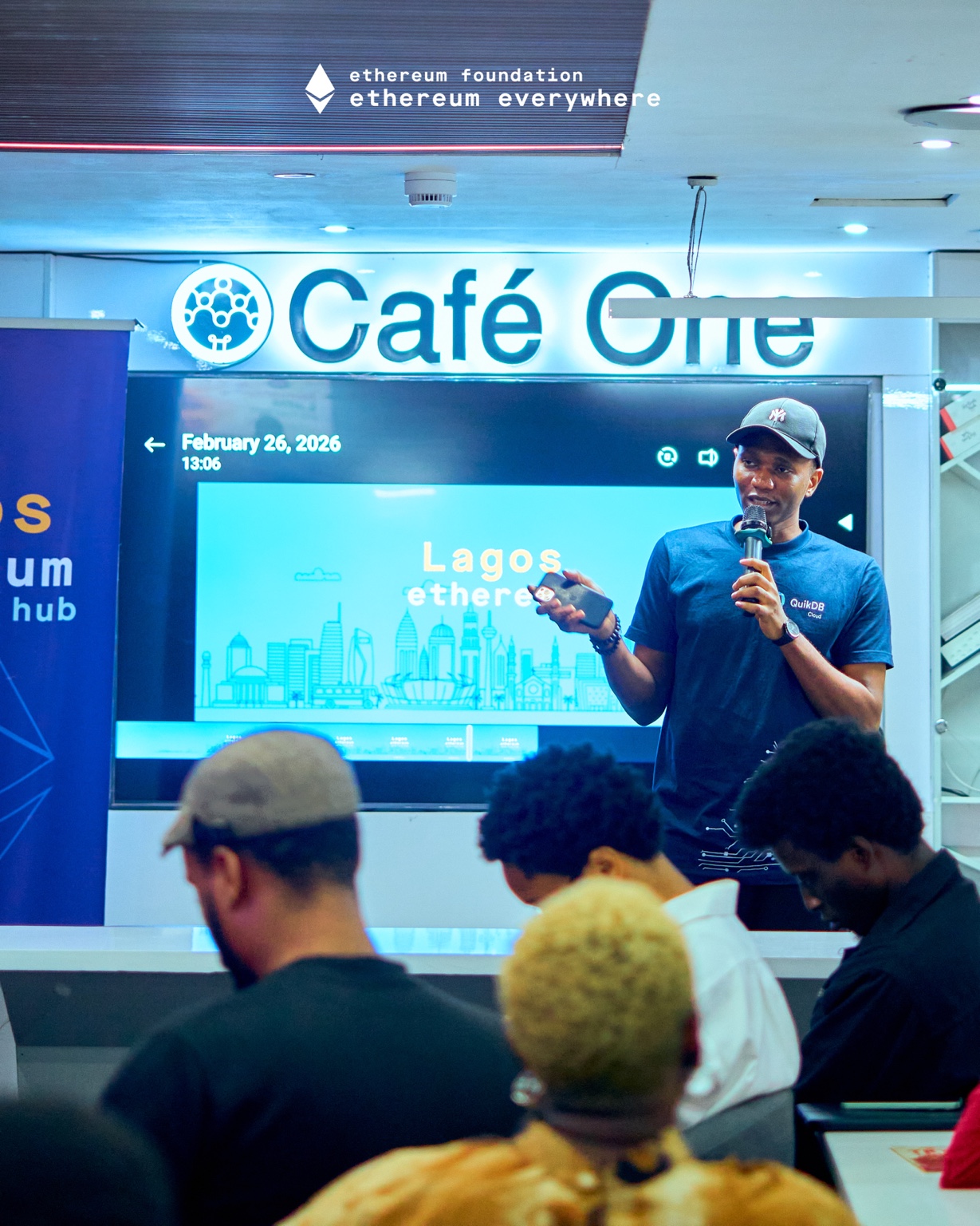 Samuel Dahunsi presenting QuikDB to the audience at the Lagos Ethereum Community Hub