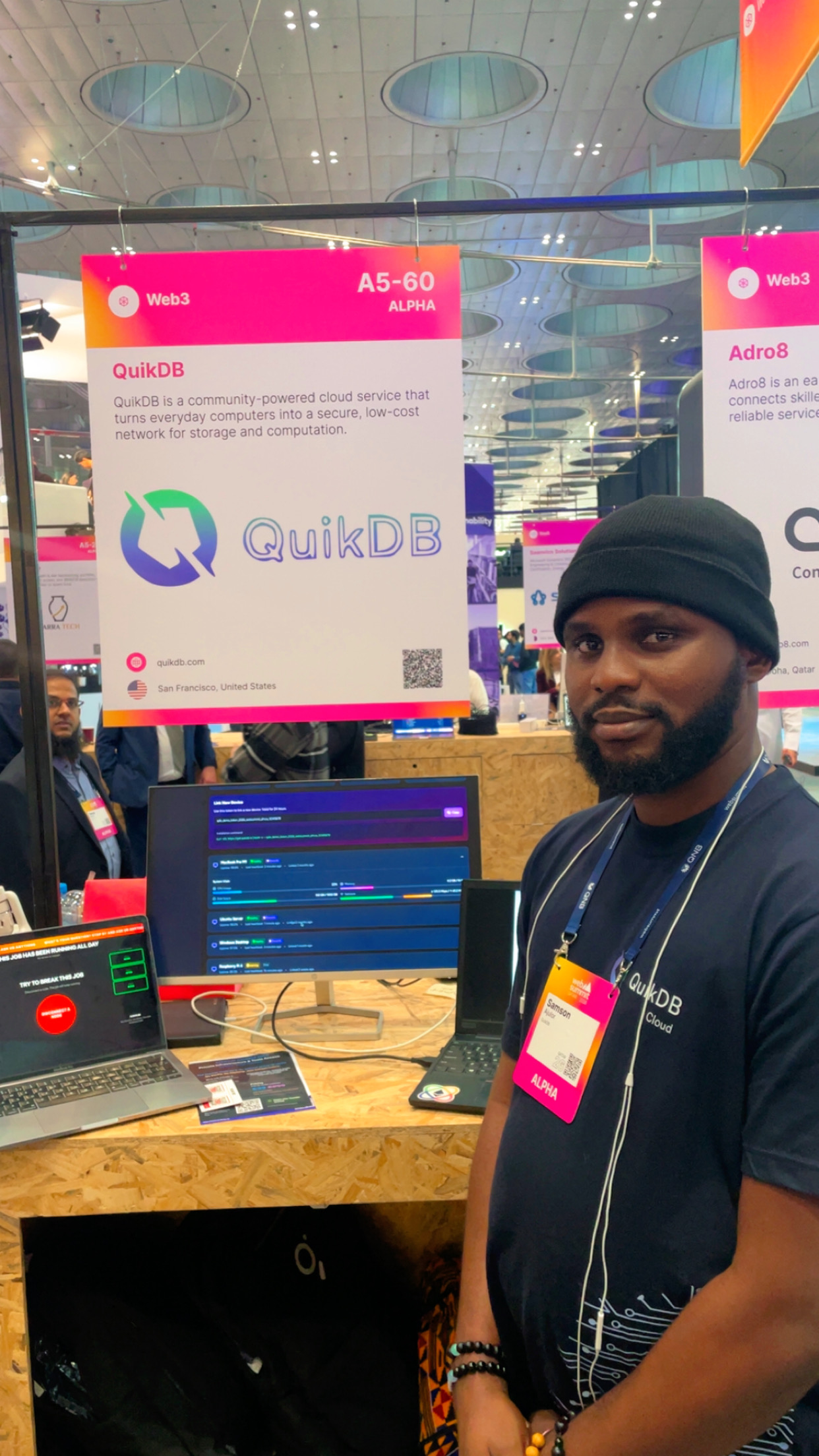 QuikDB Alpha booth and product demo screens at Web Summit Qatar 2026